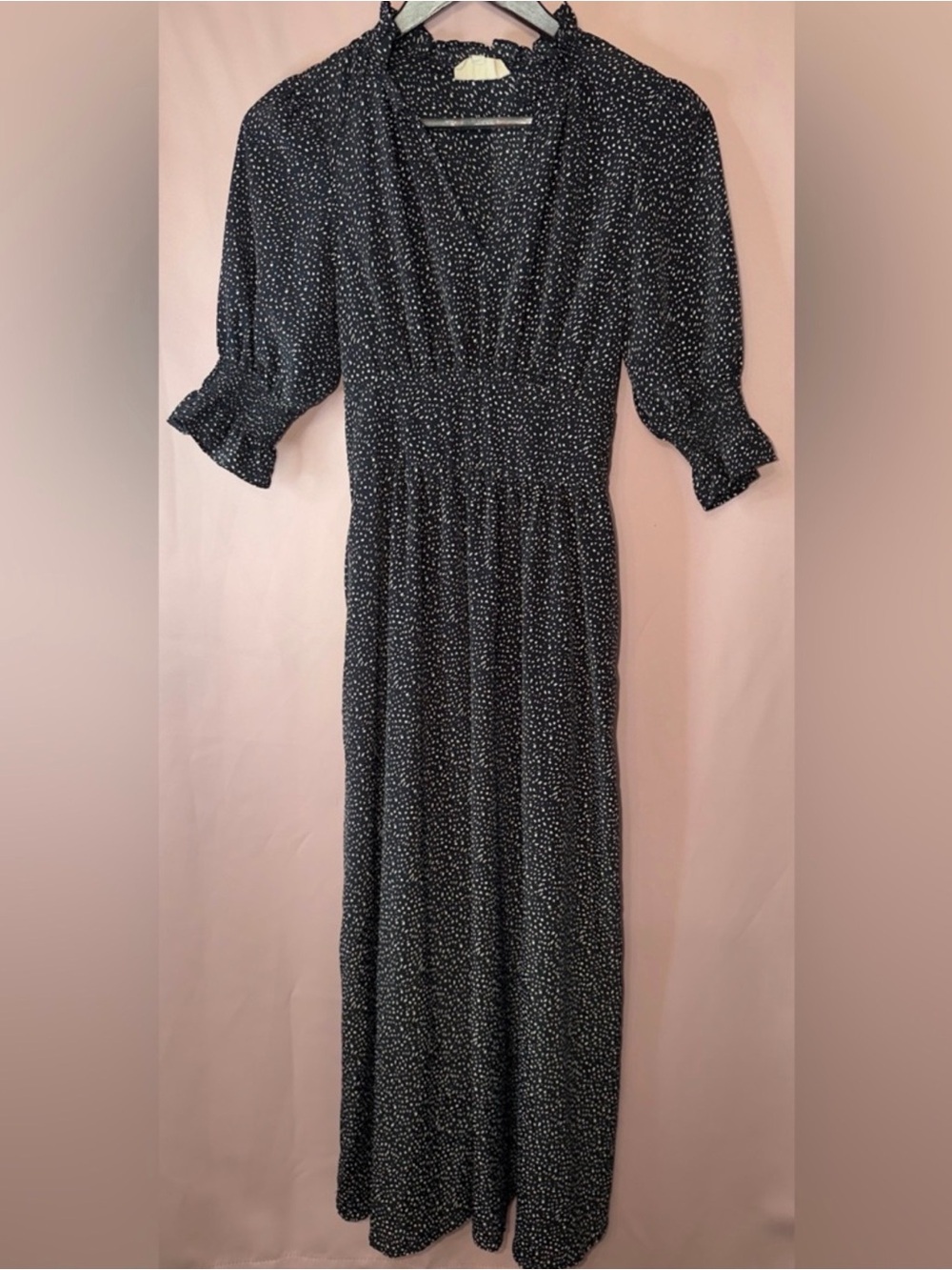 MELLODAY Black Maxi Dress with White Dot Print and Smocked Waist